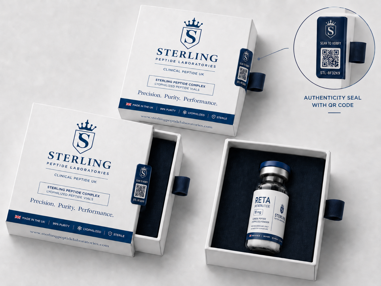 Sterling packaging — outer boxes and a vial in its tray